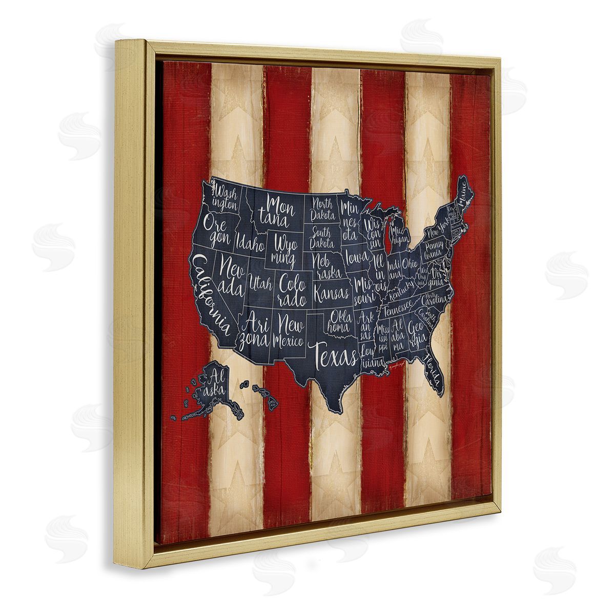 United States Map on Stripes Gold Floating Frame Canvas Wall Art, Home Decor by Jennifer Pugh