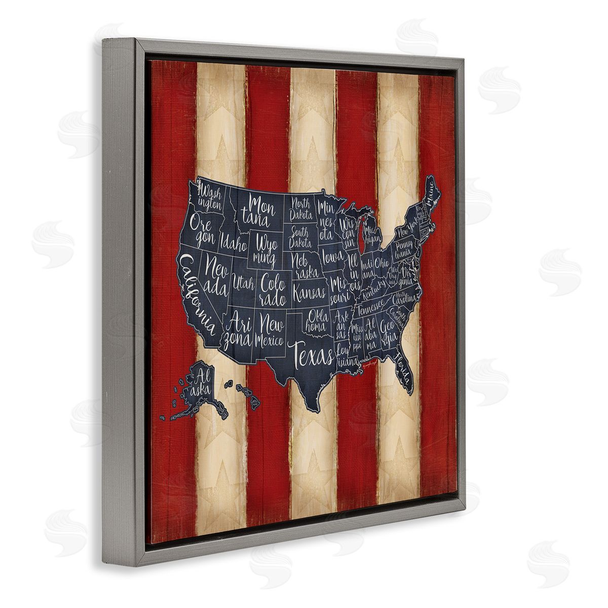 United States Map on Stripes Grey Floating Frame Canvas Wall Art, Home Decor by Jennifer Pugh
