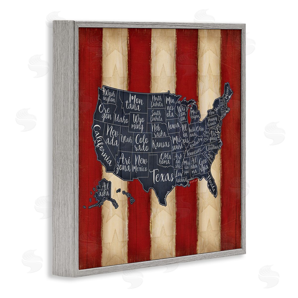 United States Map on Stripes Grey Frame Print Wall Art, Home Decor by Jennifer Pugh
