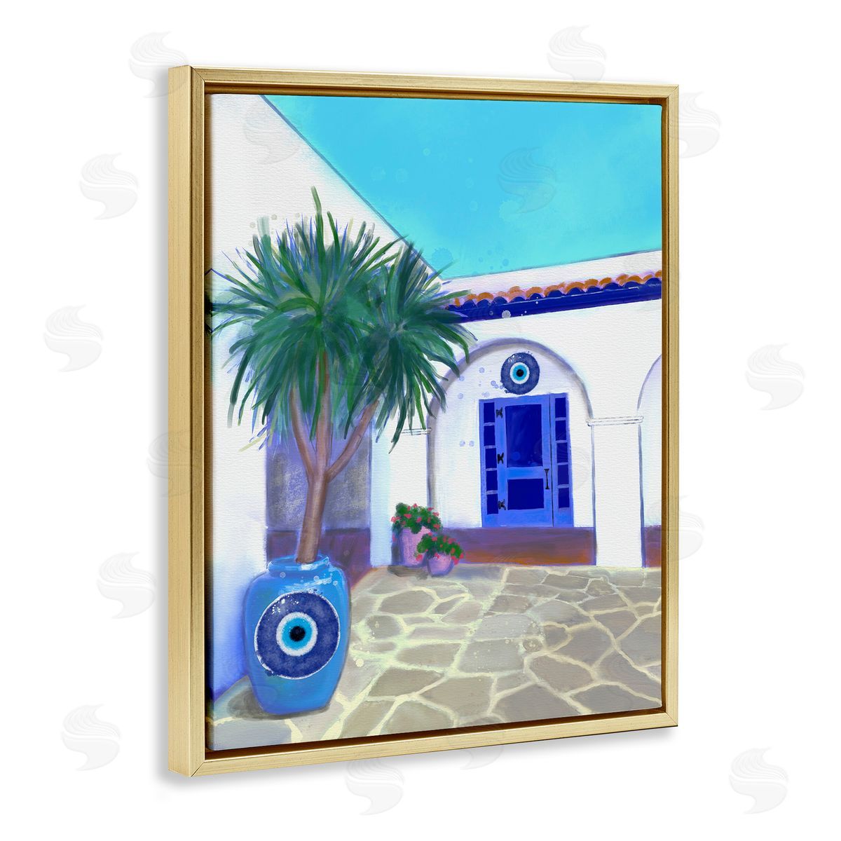 Tranquil Tropical Villa Gold Floating Frame Canvas Wall Art, Home Decor by Matthew Piotrowicz