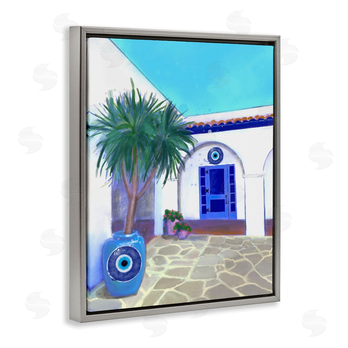 Tranquil Tropical Villa Grey Floating Frame Canvas Wall Art, Home Decor by Matthew Piotrowicz