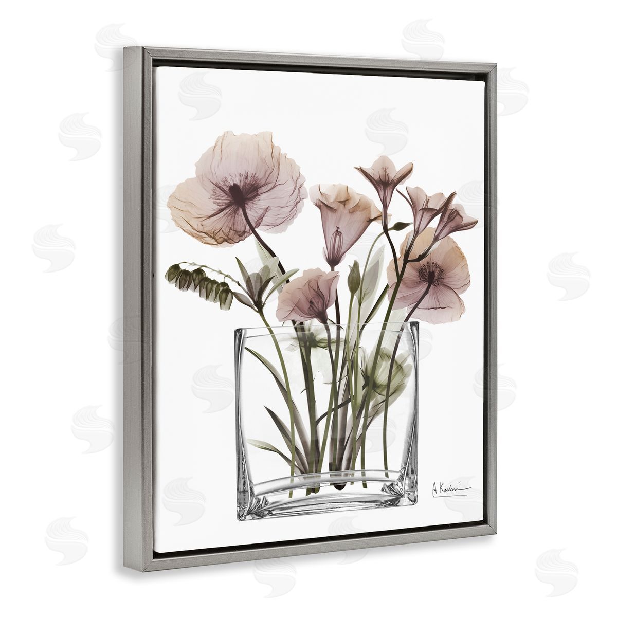 Modern Translucent Flowers Grey Floating Frame Canvas Wall Art, Home Decor by Albert Koetsier
