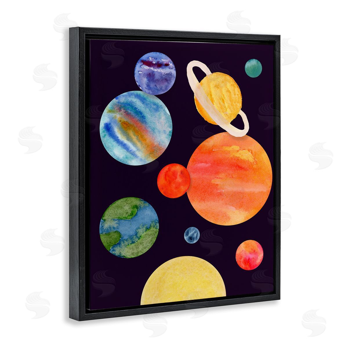 Watercolor Planets on Black Black Floating Frame Canvas Wall Art, Home Decor by Corinne Rose Designs