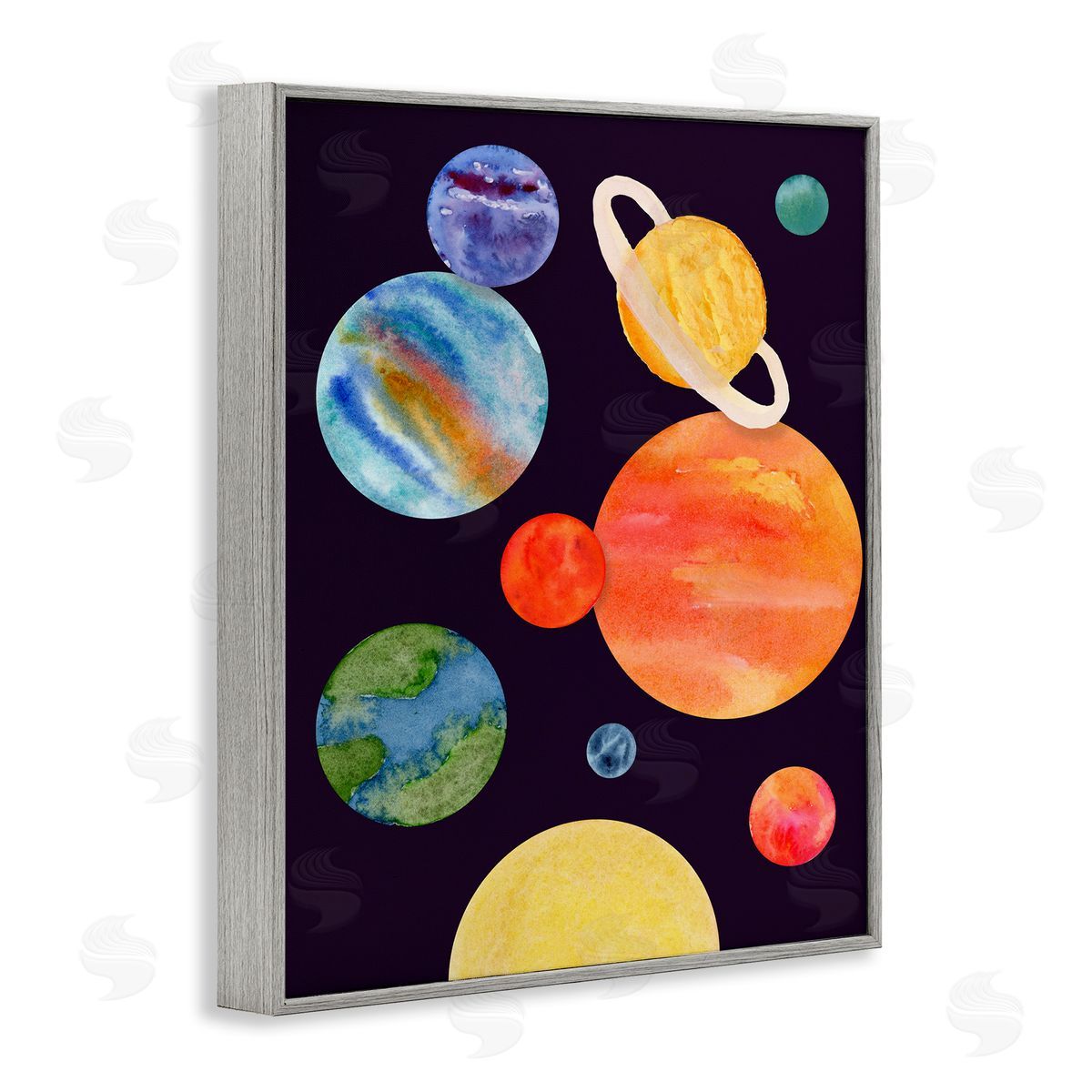 Watercolor Planets on Black Grey Frame Print Wall Art, Home Decor by Corinne Rose Designs