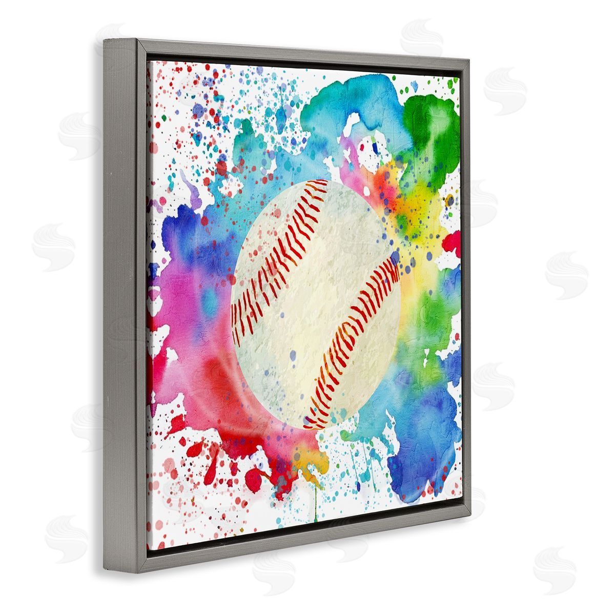 Colorful Splash Baseball Grey Floating Frame Canvas Wall Art, Home Decor by Kim Allen