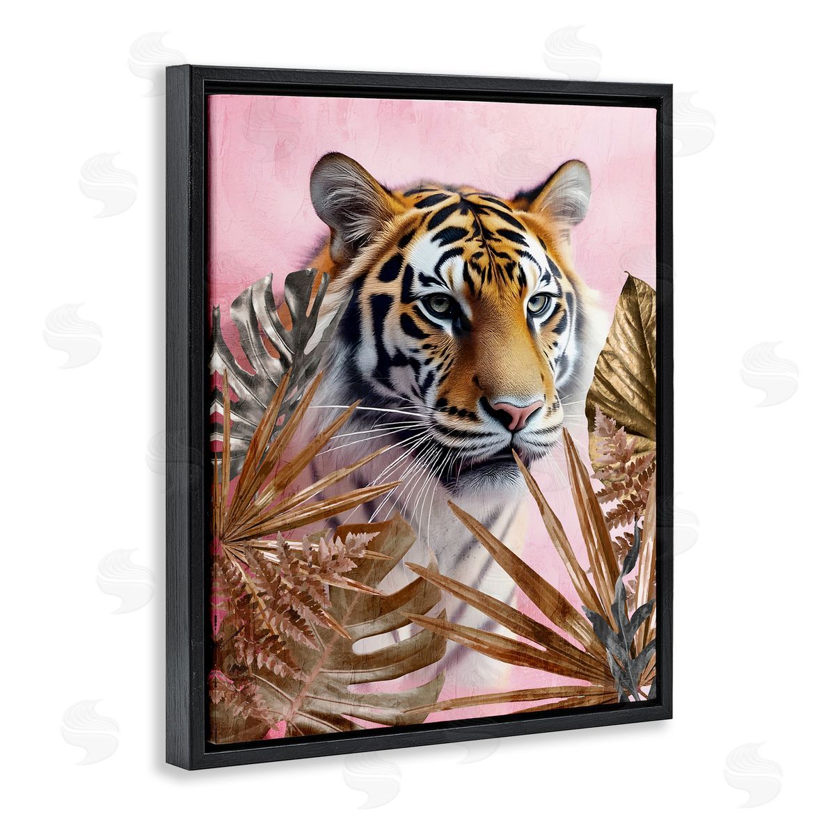 Exotic Tiger with Gold Leaves Black Floating Frame Canvas Wall Art, Home Decor by Kim Allen