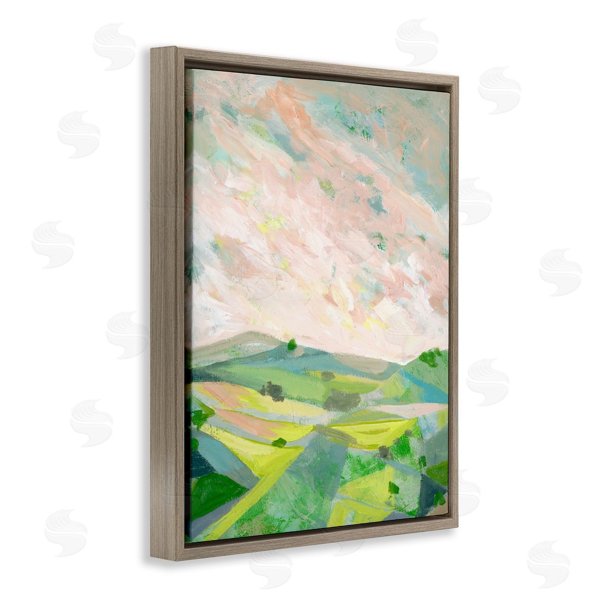 Vibrant Green Hills Landscape Brown Floating Frame Canvas Wall Art, Home Decor by Ashley Davis