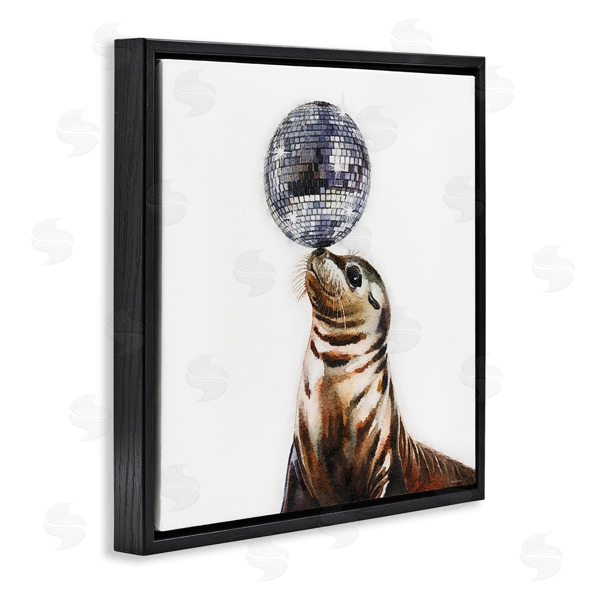 Seal Balancing Disco Ball Black Floating Frame Canvas Wall Art, Home Decor by Amanda Greenwood