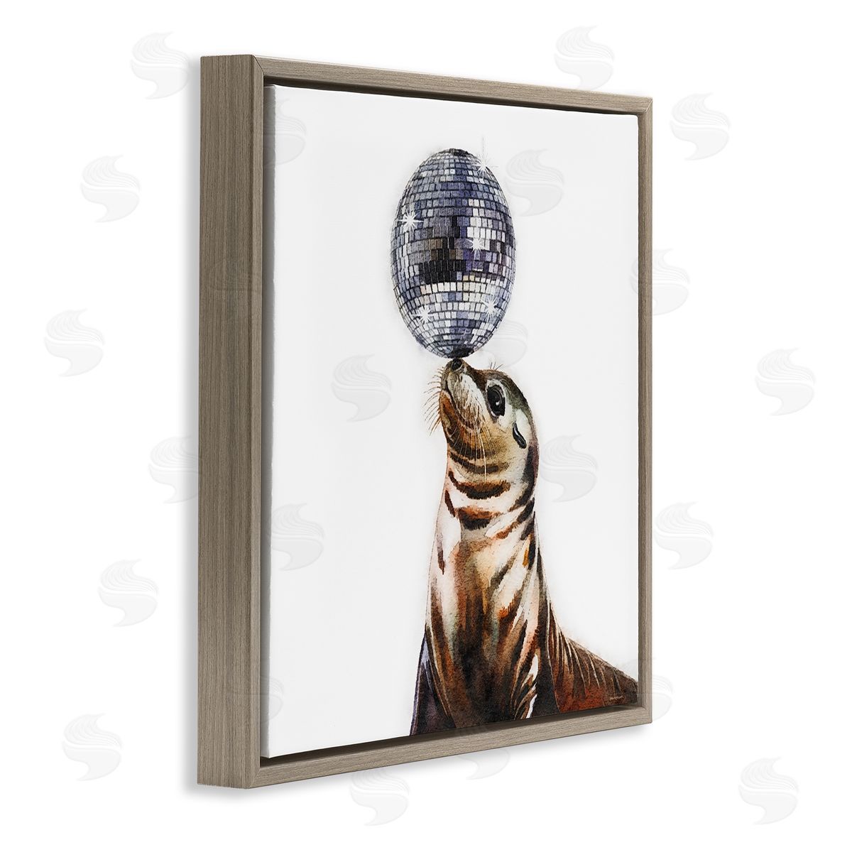Seal Balancing Disco Ball Brown Floating Frame Canvas Wall Art, Home Decor by Amanda Greenwood
