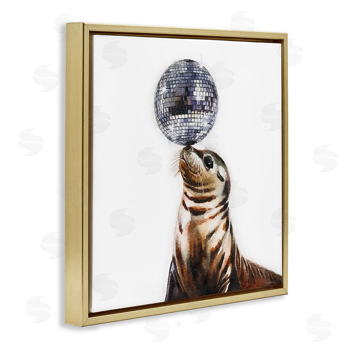 Seal Balancing Disco Ball Gold Floating Frame Canvas Wall Art, Home Decor by Amanda Greenwood