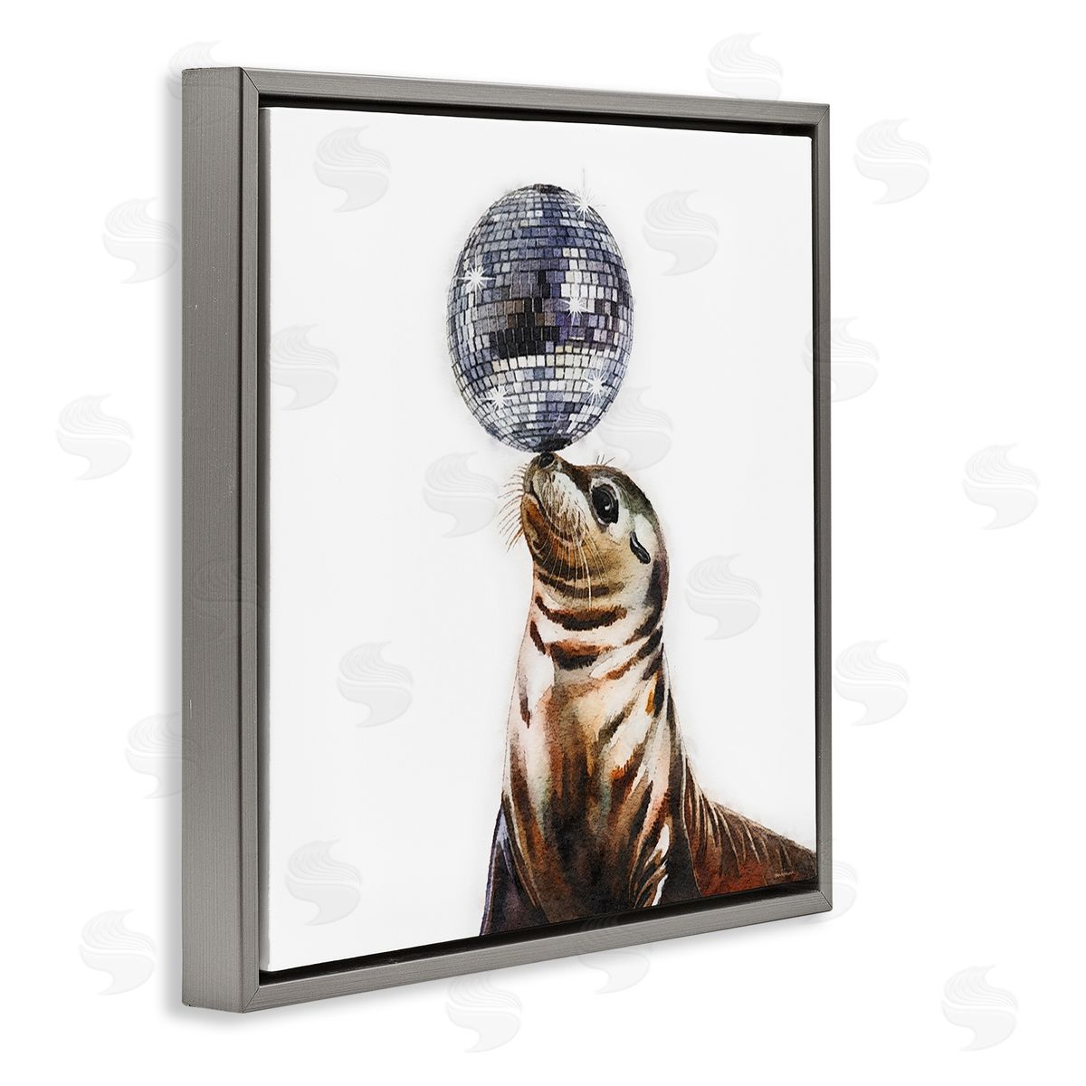 Seal Balancing Disco Ball Grey Floating Frame Canvas Wall Art, Home Decor by Amanda Greenwood