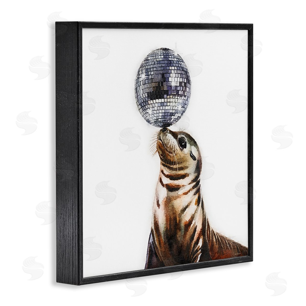 Seal Balancing Disco Ball Black Frame Print Wall Art, Home Decor by Amanda Greenwood