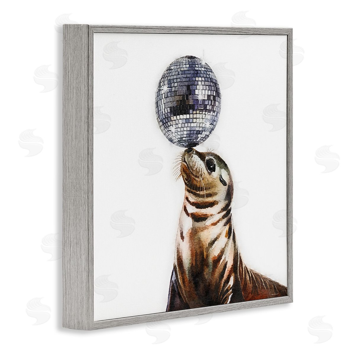 Seal Balancing Disco Ball Grey Frame Print Wall Art, Home Decor by Amanda Greenwood