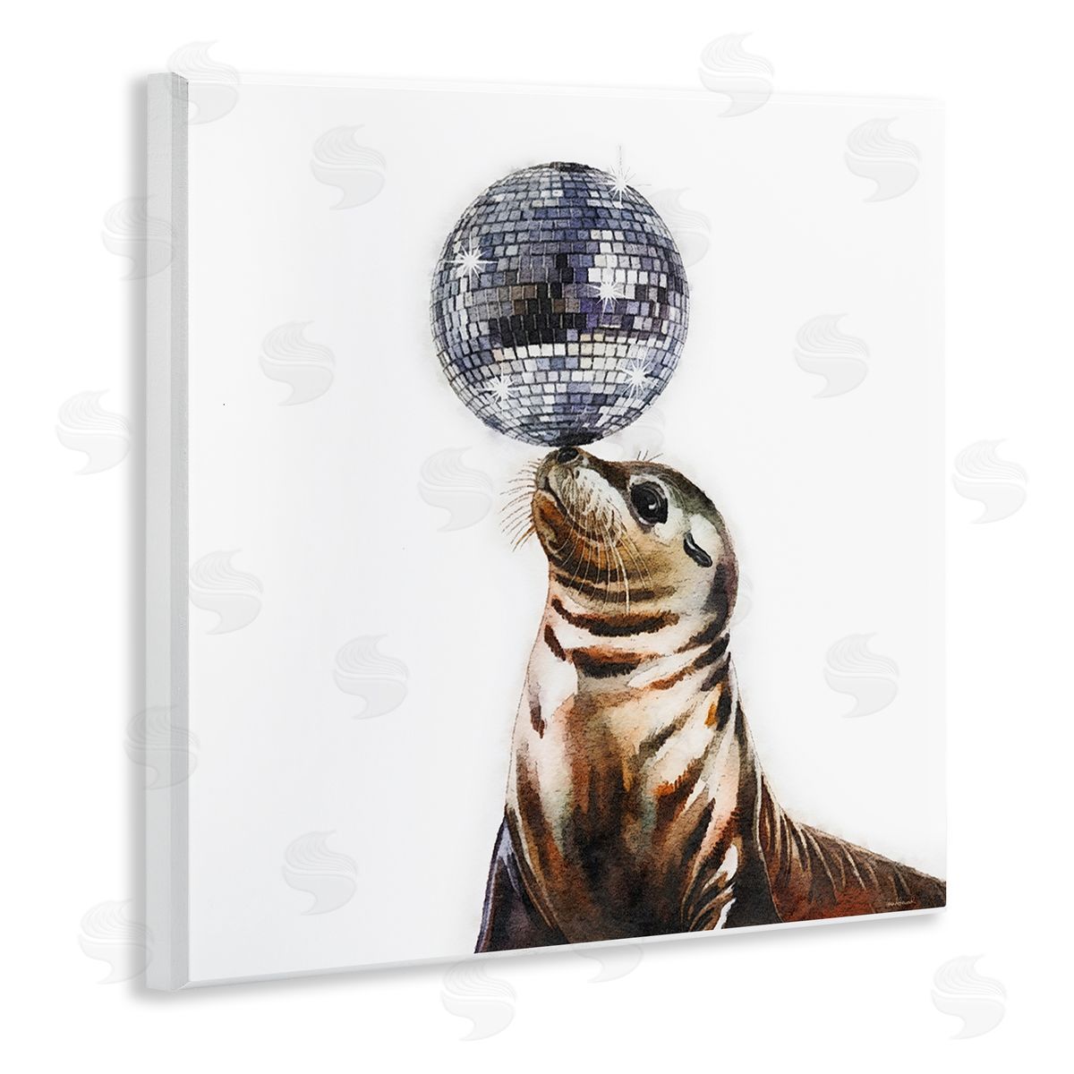 Seal Balancing Disco Ball Wood Plaque Wall Art, Home Decor by Amanda Greenwood