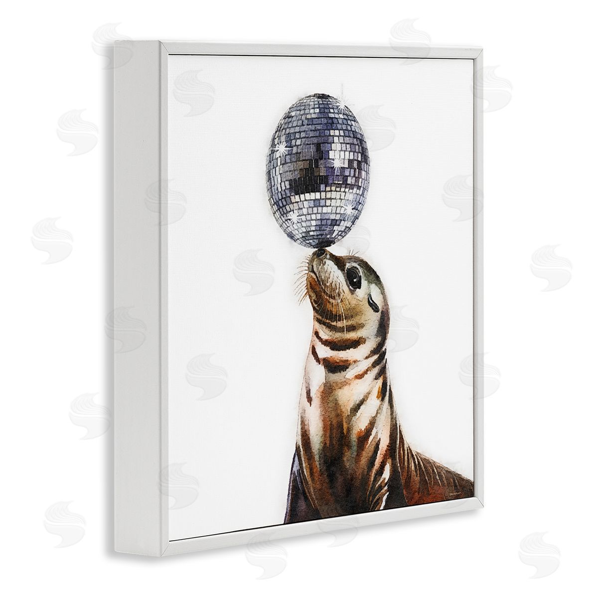 Seal Balancing Disco Ball White Frame Print Wall Art, Home Decor by Amanda Greenwood