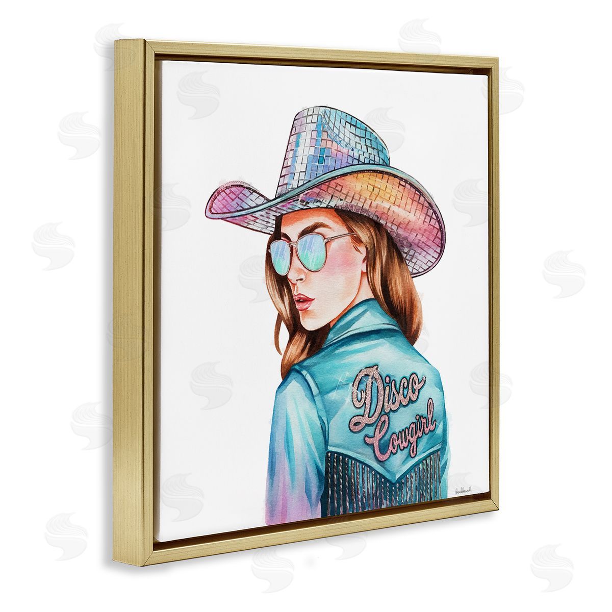 Disco Cowgirl Portrait Gold Floating Frame Canvas Wall Art, Home Decor by Amanda Greenwood