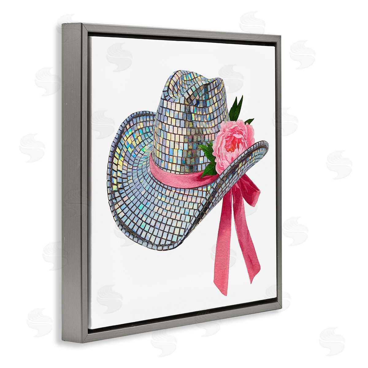 Chic Bow on Disco Hat Grey Floating Frame Canvas Wall Art, Home Decor by Amanda Greenwood