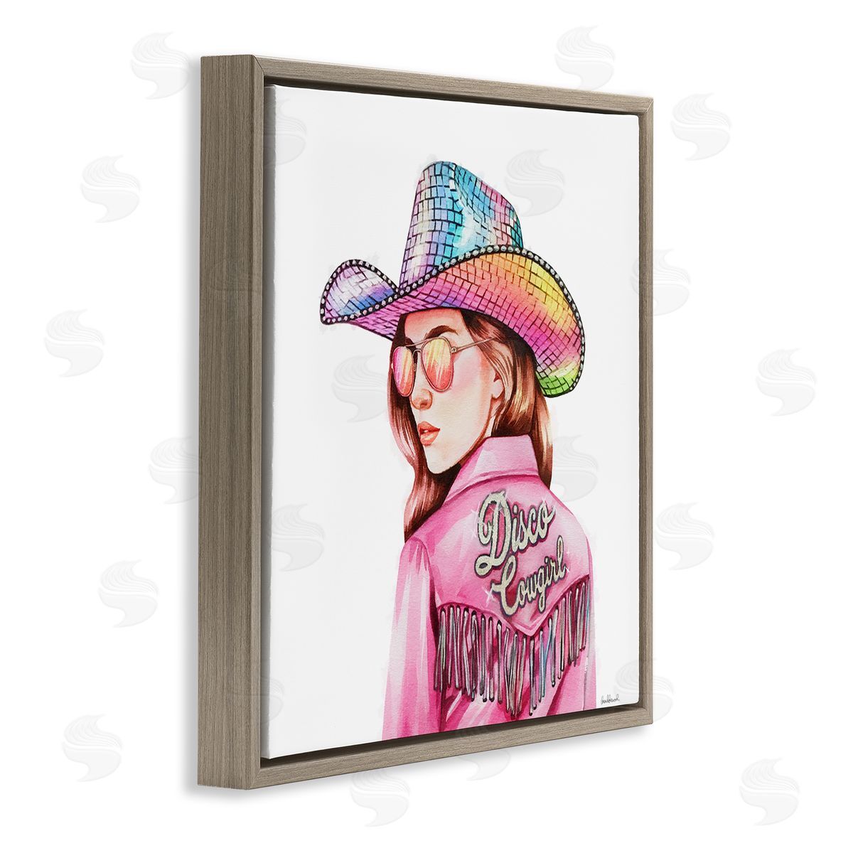 Pink Disco Cowgirl Brown Floating Frame Canvas Wall Art, Home Decor by Amanda Greenwood