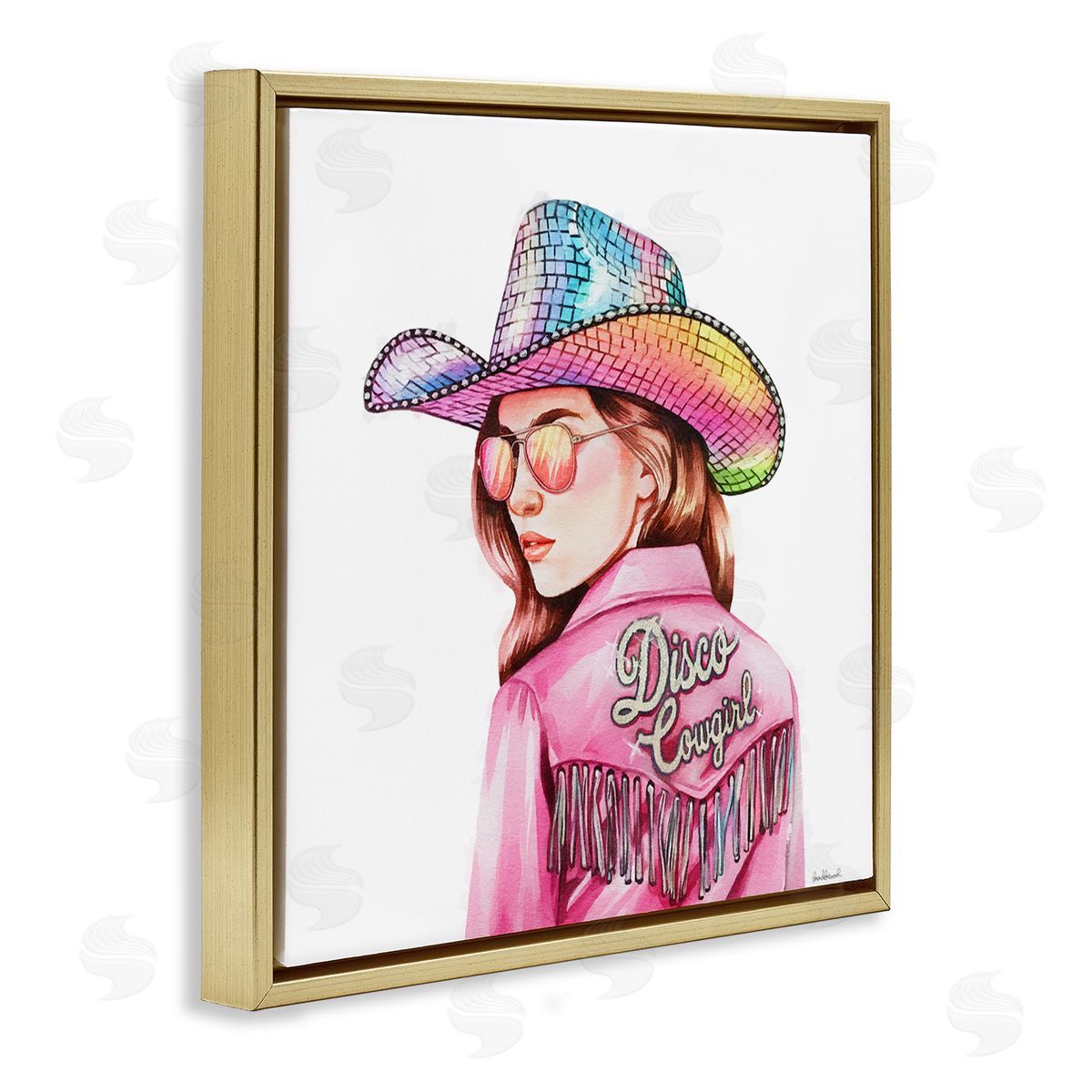 Pink Disco Cowgirl Gold Floating Frame Canvas Wall Art, Home Decor by Amanda Greenwood