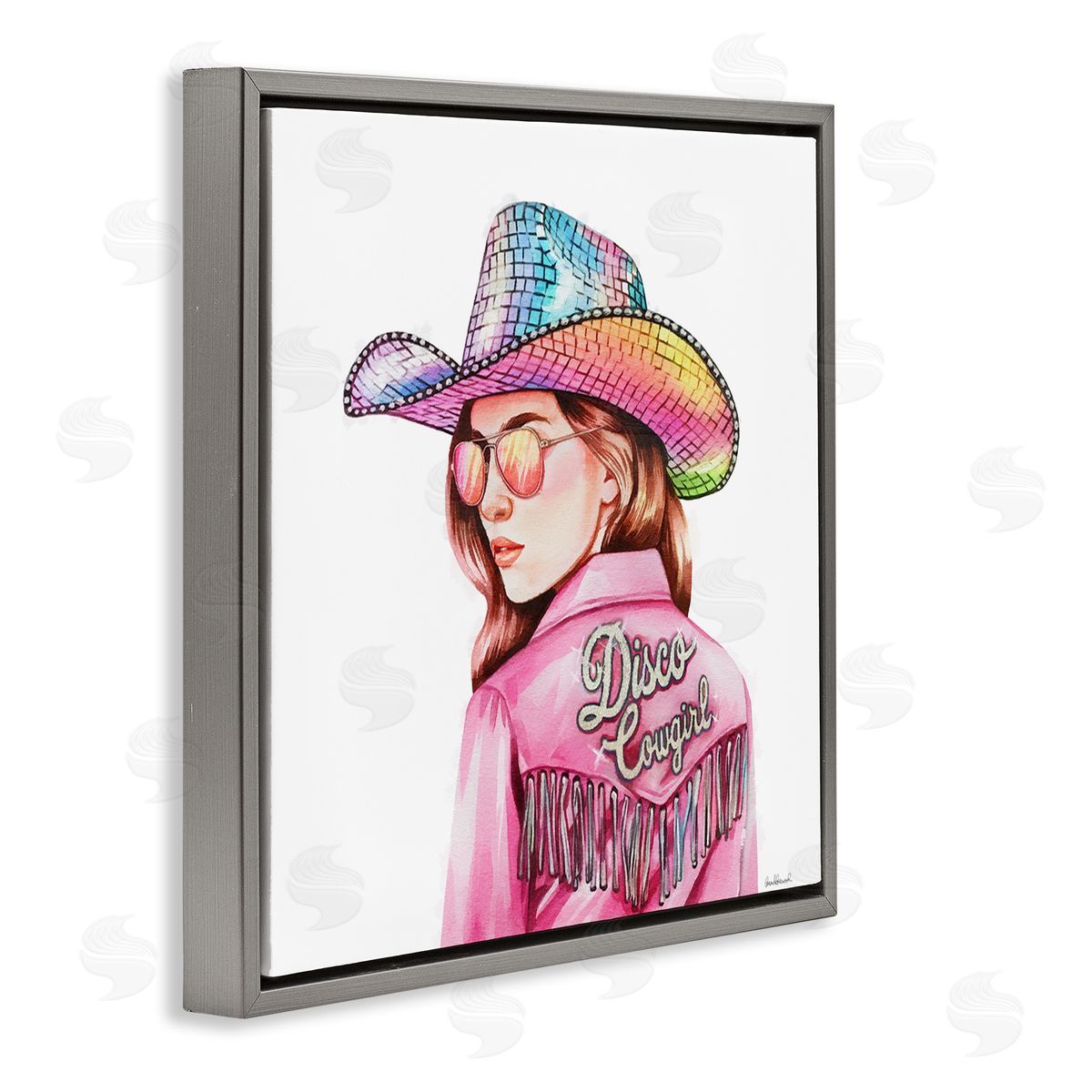 Pink Disco Cowgirl Grey Floating Frame Canvas Wall Art, Home Decor by Amanda Greenwood