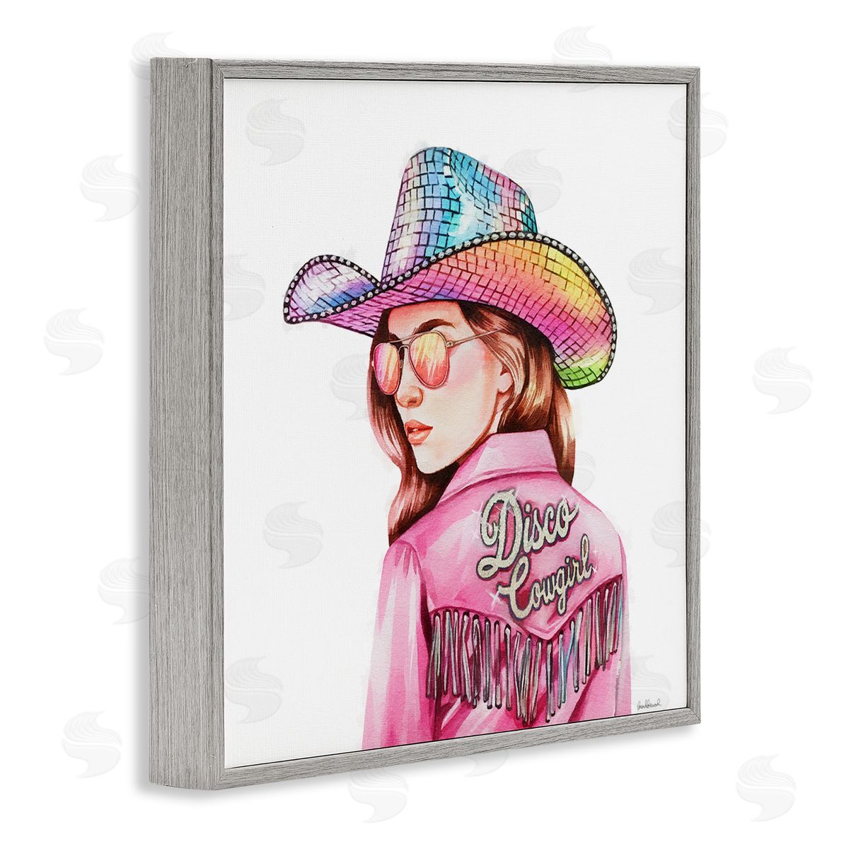 Pink Disco Cowgirl Grey Frame Print Wall Art, Home Decor by Amanda Greenwood