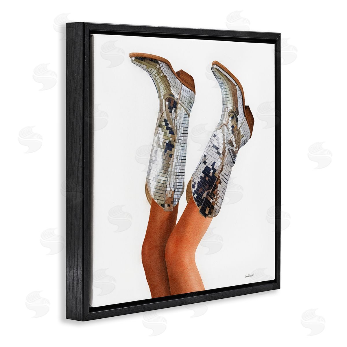 Glitzy Glam Cowgirl Boots Black Floating Frame Canvas Wall Art, Home Decor by Amanda Greenwood