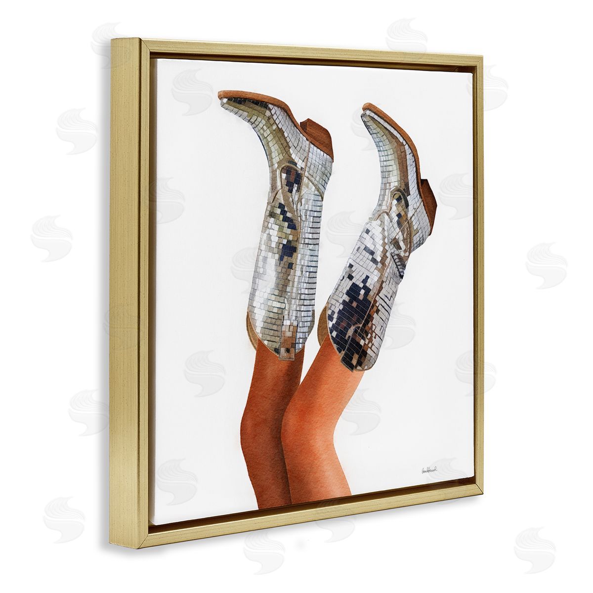 Glitzy Glam Cowgirl Boots Gold Floating Frame Canvas Wall Art, Home Decor by Amanda Greenwood