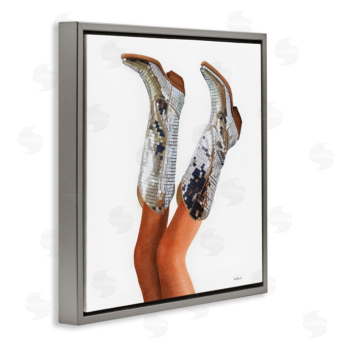 Glitzy Glam Cowgirl Boots Grey Floating Frame Canvas Wall Art, Home Decor by Amanda Greenwood