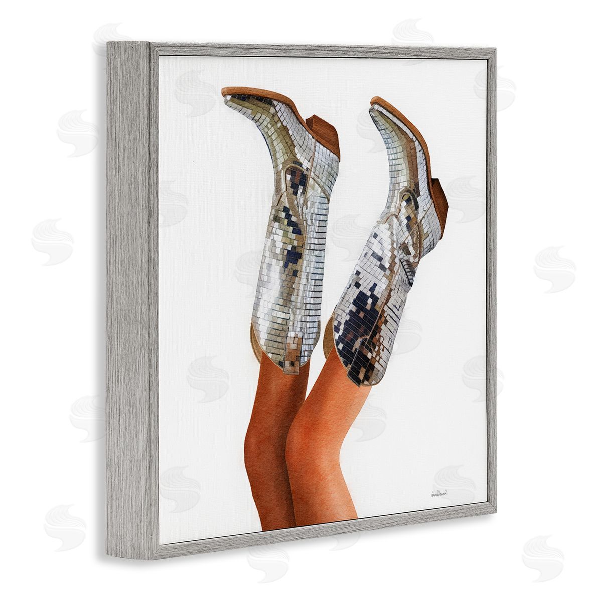 Glitzy Glam Cowgirl Boots Grey Frame Print Wall Art, Home Decor by Amanda Greenwood