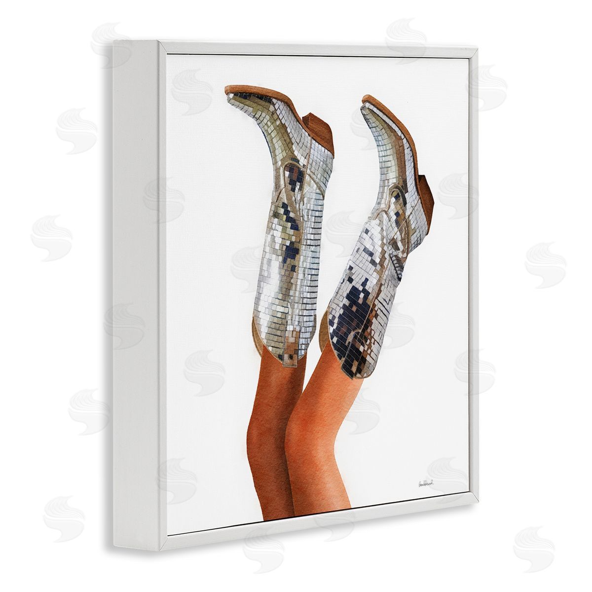Glitzy Glam Cowgirl Boots White Frame Print Wall Art, Home Decor by Amanda Greenwood