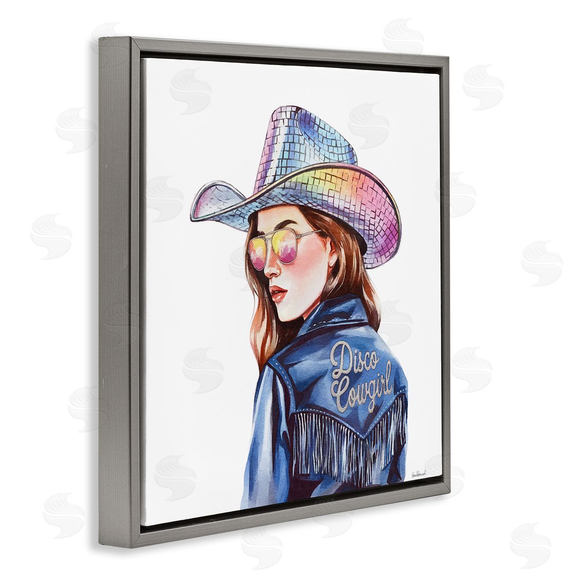 Disco Cowgirl in Blue Grey Floating Frame Canvas Wall Art, Home Decor by Amanda Greenwood