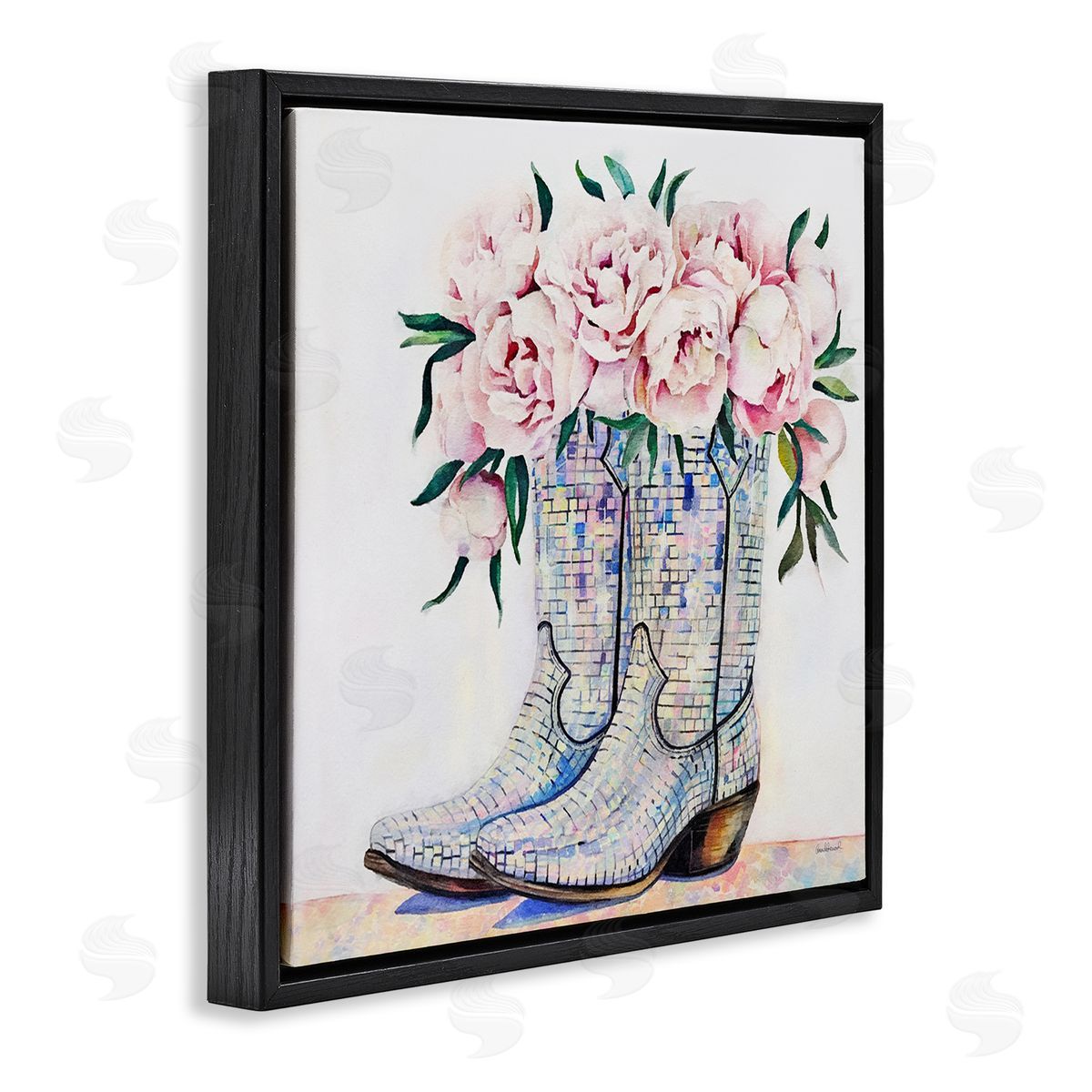 Rose Filled Cowgirl Boots Black Floating Frame Canvas Wall Art, Home Decor by Amanda Greenwood