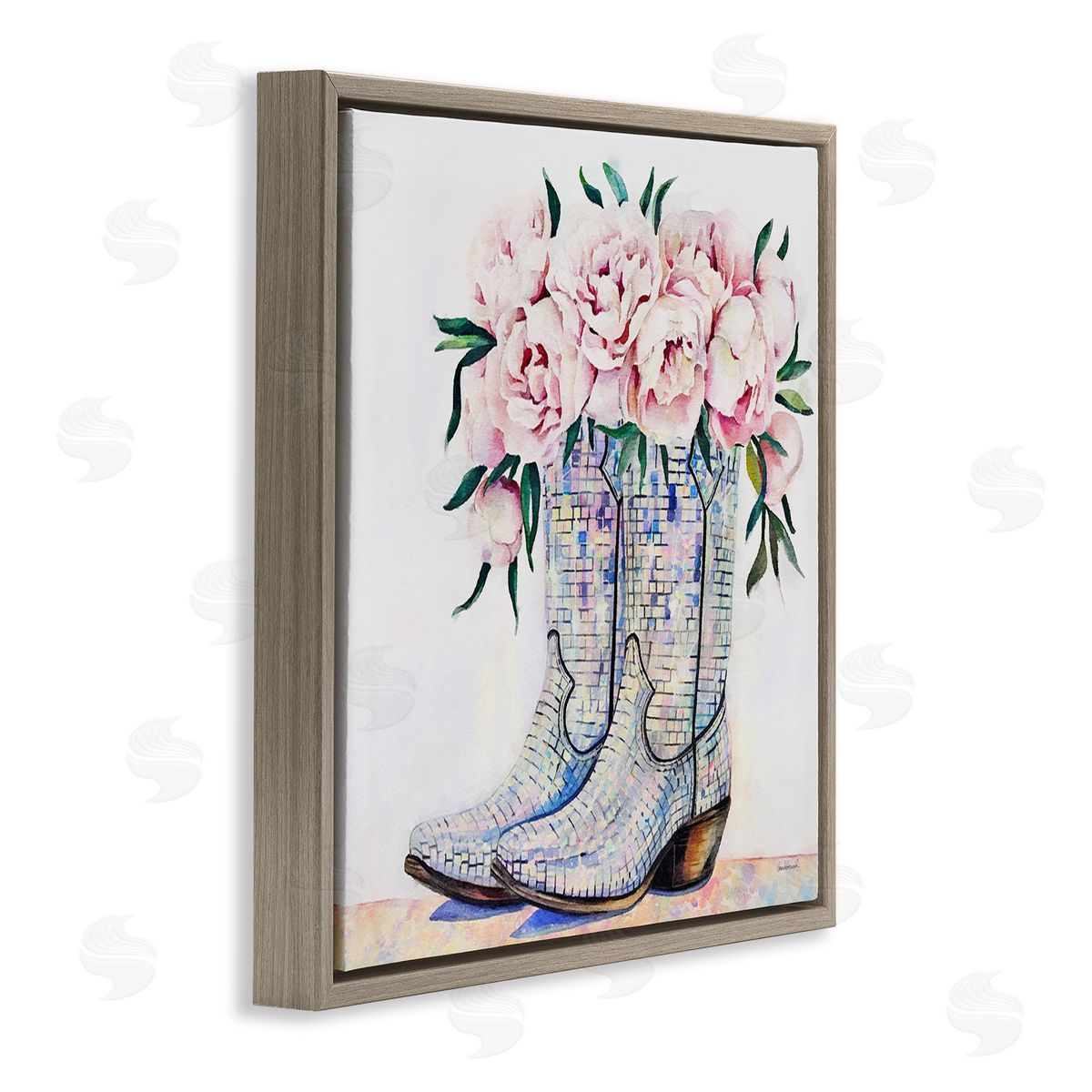 Rose Filled Cowgirl Boots Brown Floating Frame Canvas Wall Art, Home Decor by Amanda Greenwood