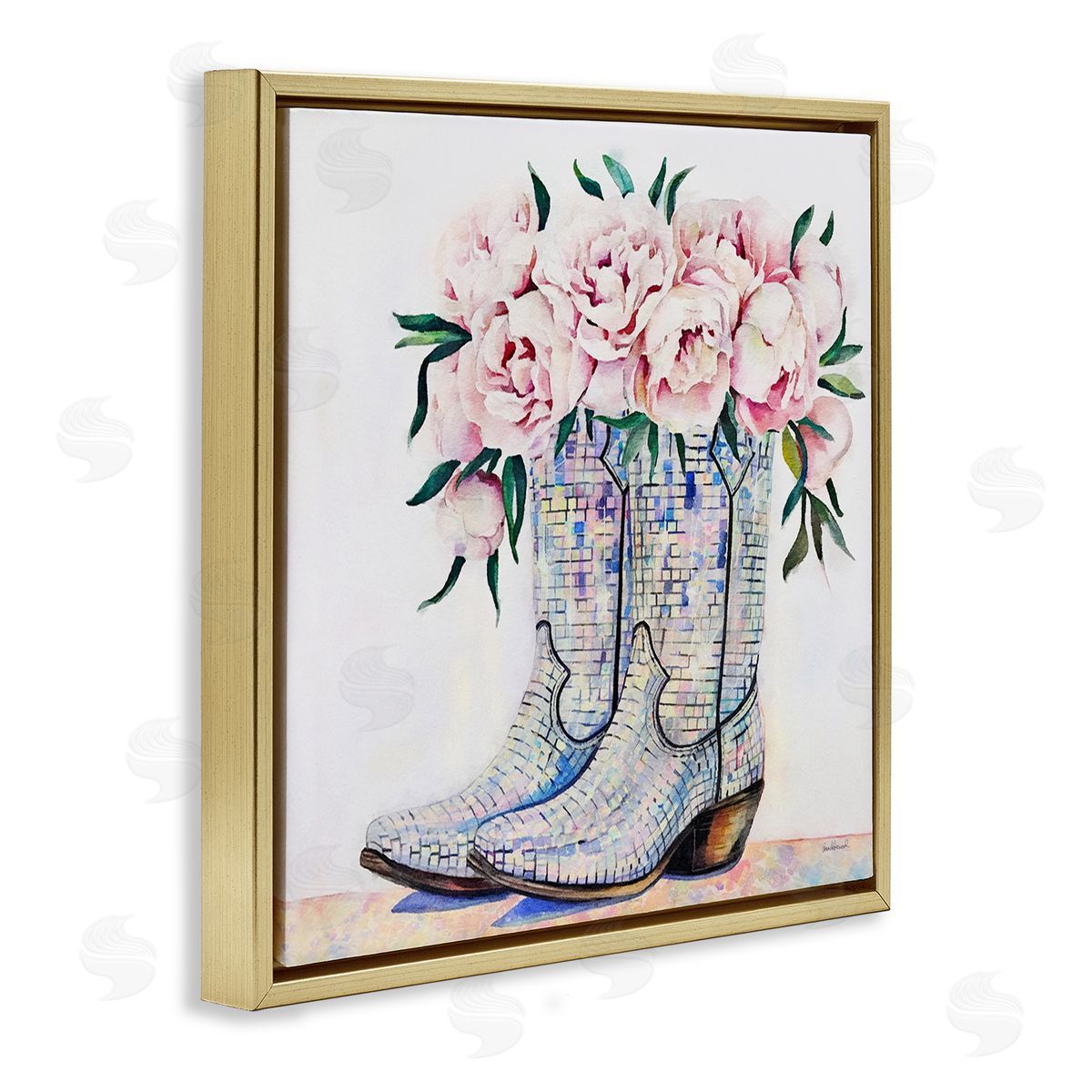 Rose Filled Cowgirl Boots Gold Floating Frame Canvas Wall Art, Home Decor by Amanda Greenwood