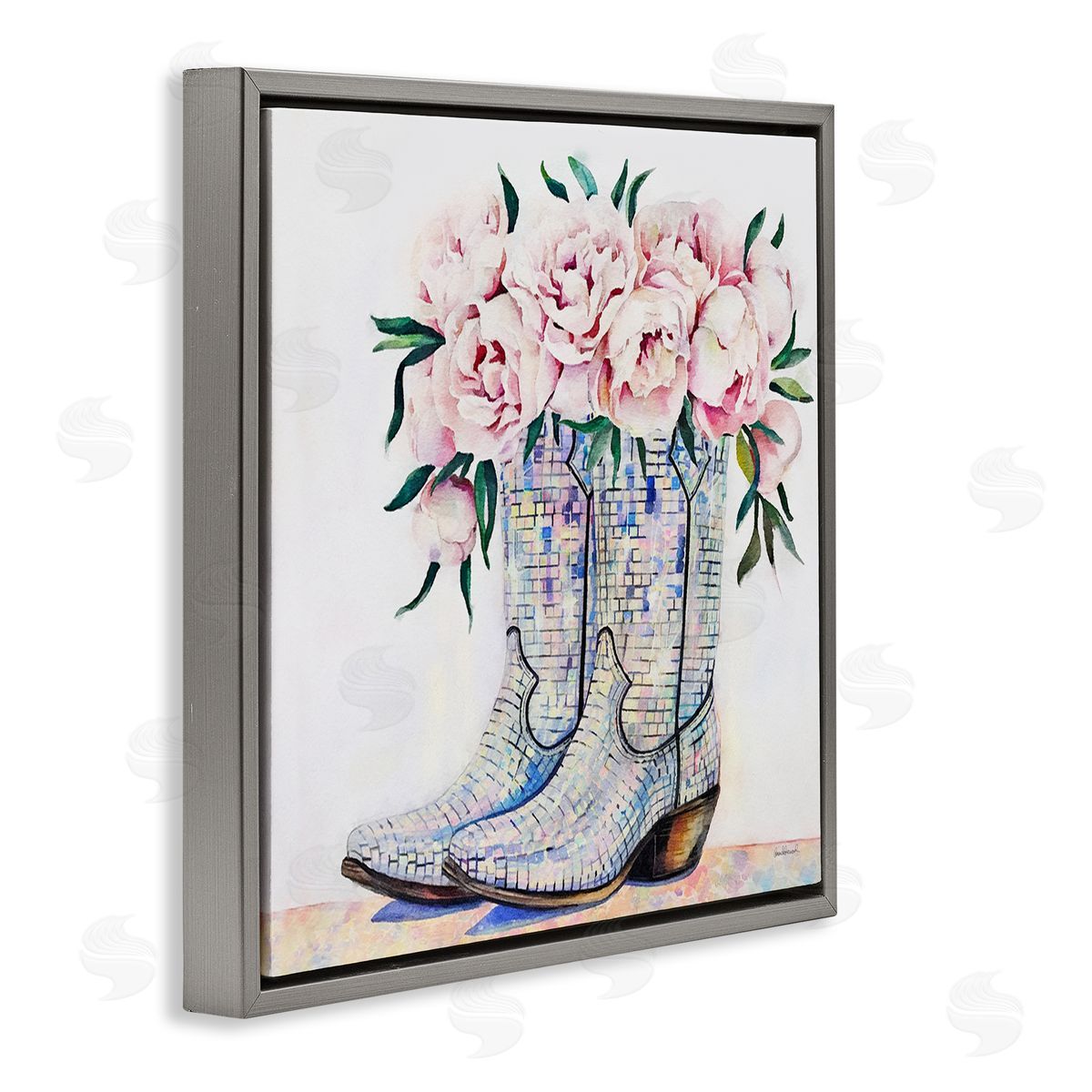 Rose Filled Cowgirl Boots Grey Floating Frame Canvas Wall Art, Home Decor by Amanda Greenwood