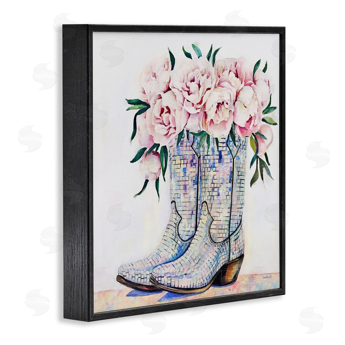 Rose Filled Cowgirl Boots Black Frame Print Wall Art, Home Decor by Amanda Greenwood