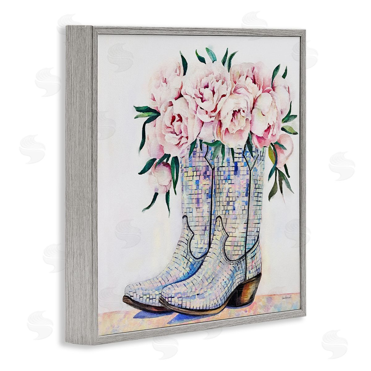 Rose Filled Cowgirl Boots Grey Frame Print Wall Art, Home Decor by Amanda Greenwood