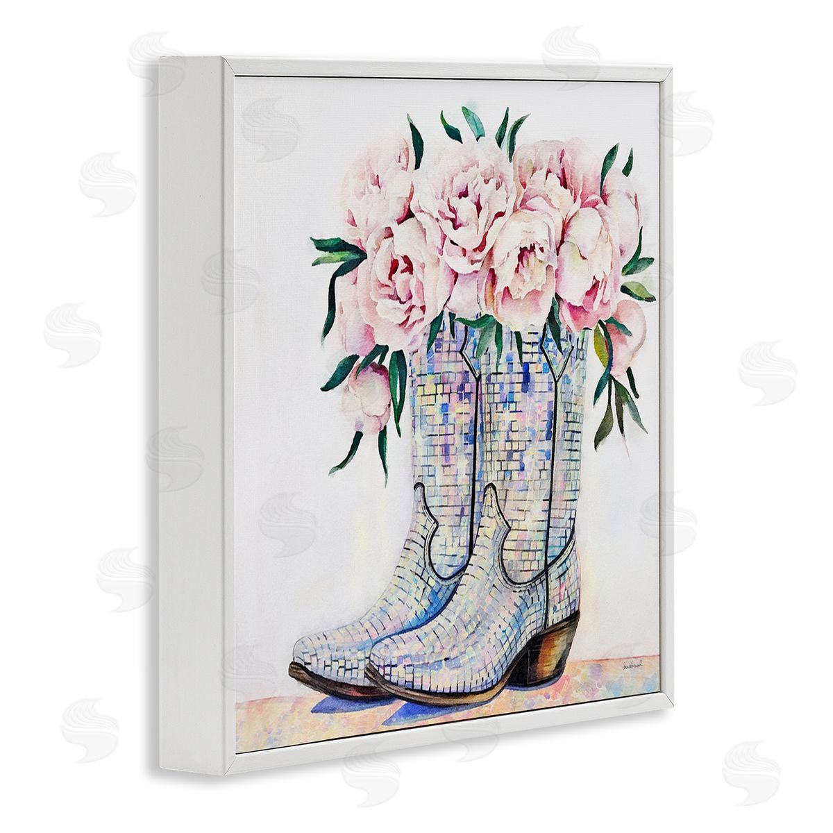 Rose Filled Cowgirl Boots White Frame Print Wall Art, Home Decor by Amanda Greenwood