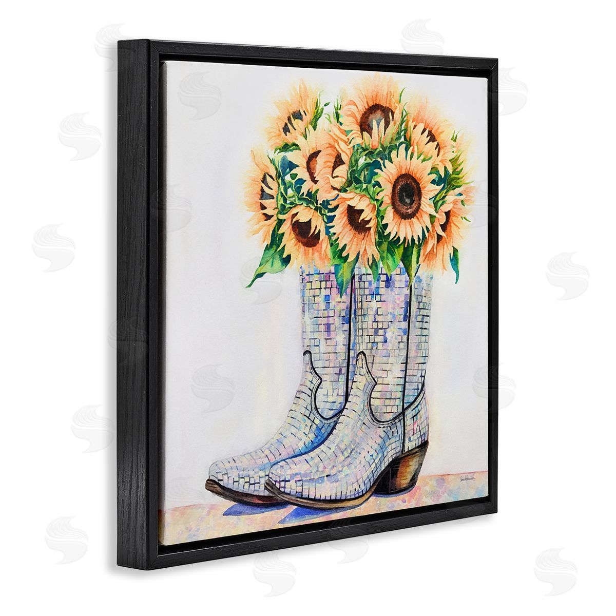 Sunflower Filled Cowgirl Boots Black Floating Frame Canvas Wall Art, Home Decor by Amanda Greenwood