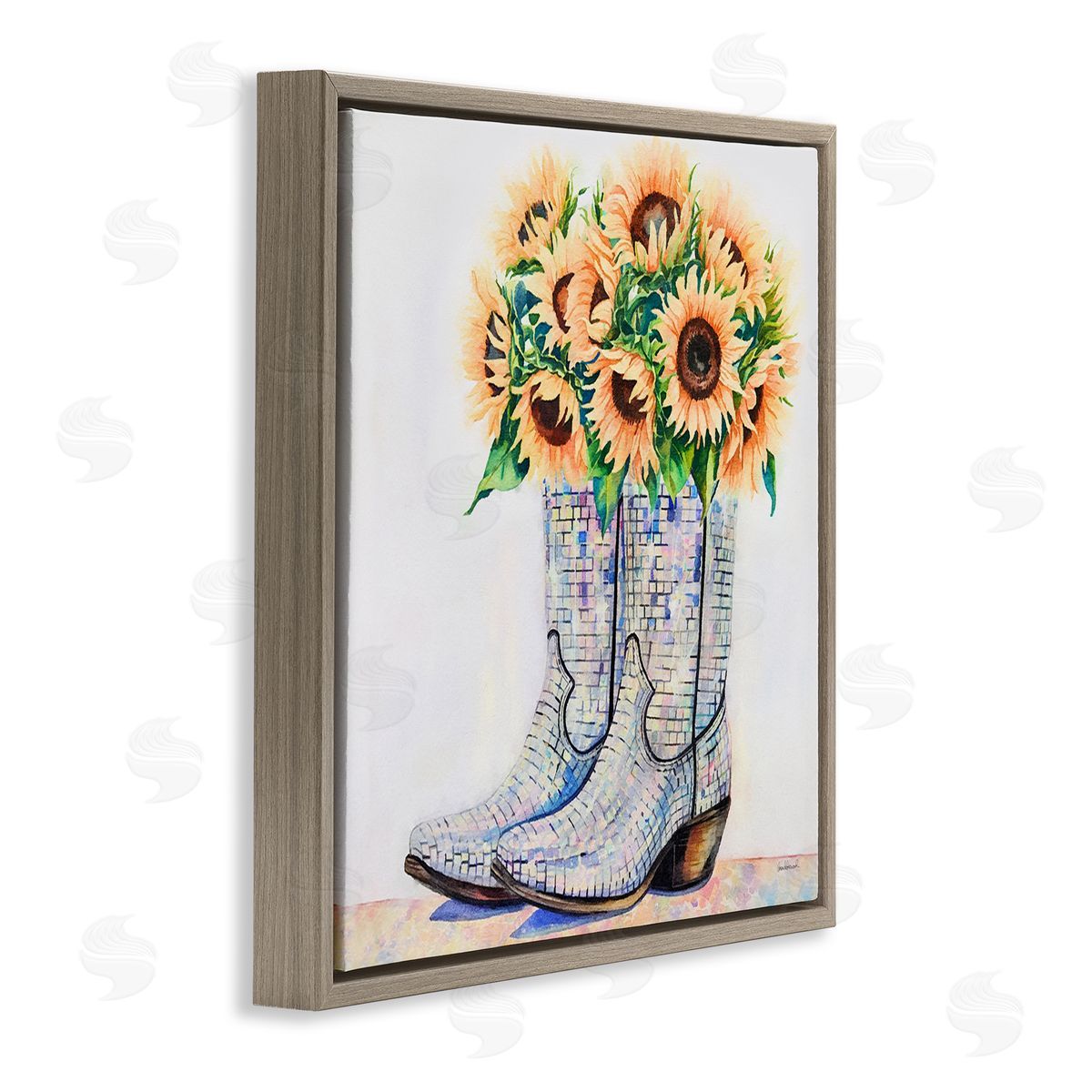 Sunflower Filled Cowgirl Boots Brown Floating Frame Canvas Wall Art, Home Decor by Amanda Greenwood