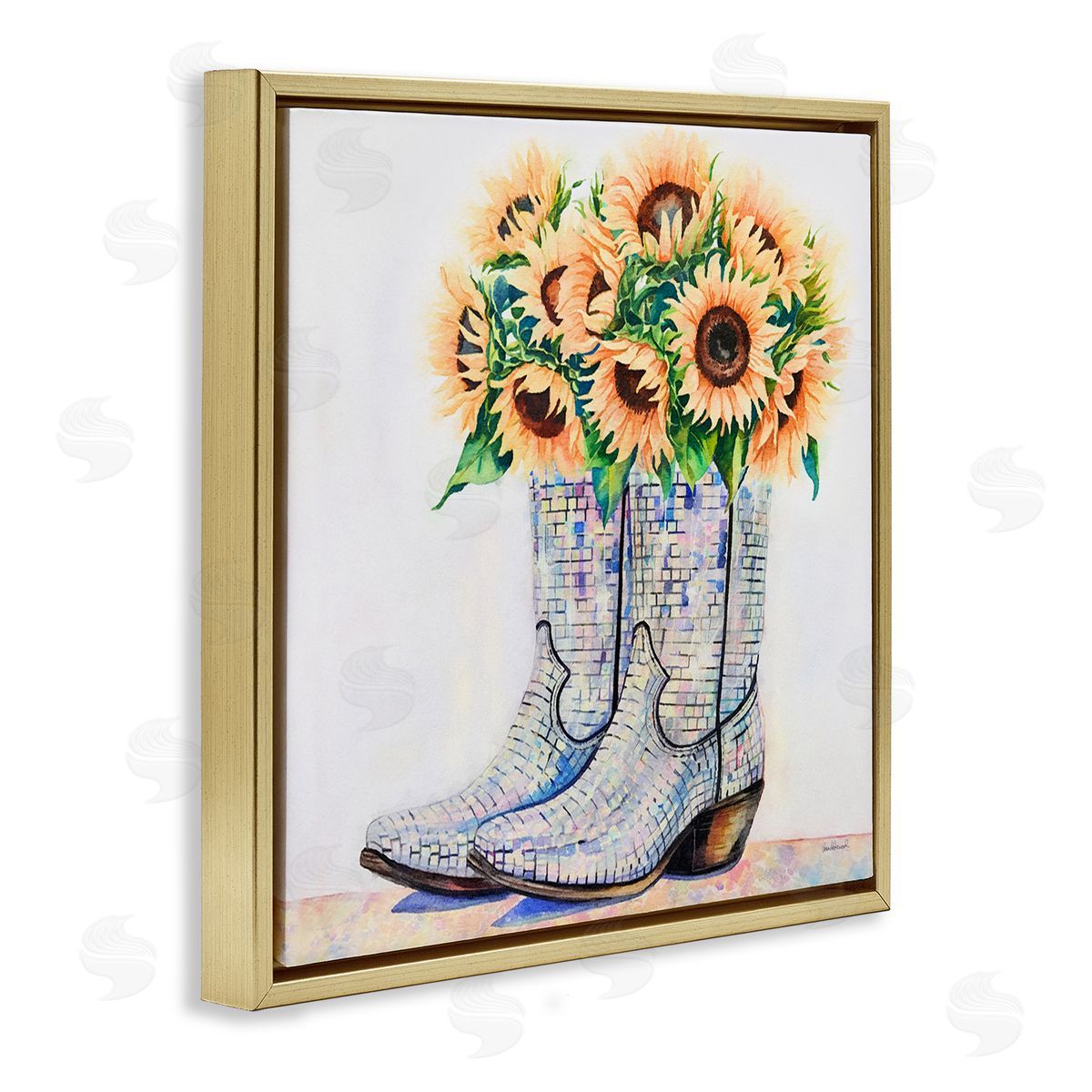 Sunflower Filled Cowgirl Boots Gold Floating Frame Canvas Wall Art, Home Decor by Amanda Greenwood