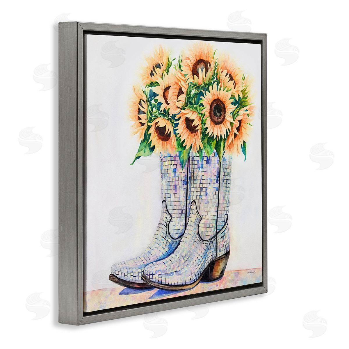 Sunflower Filled Cowgirl Boots Grey Floating Frame Canvas Wall Art, Home Decor by Amanda Greenwood