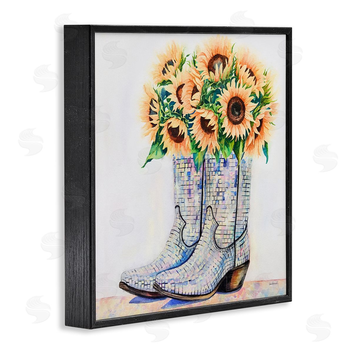 Sunflower Filled Cowgirl Boots Black Frame Print Wall Art, Home Decor by Amanda Greenwood