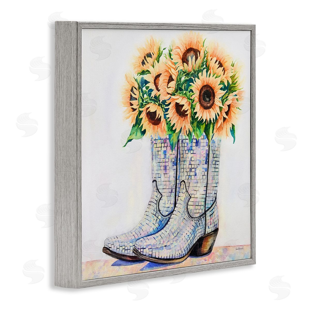 Sunflower Filled Cowgirl Boots Grey Frame Print Wall Art, Home Decor by Amanda Greenwood
