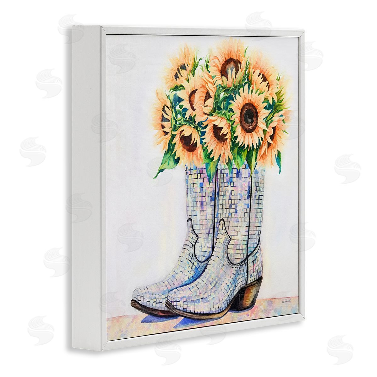 Sunflower Filled Cowgirl Boots White Frame Print Wall Art, Home Decor by Amanda Greenwood