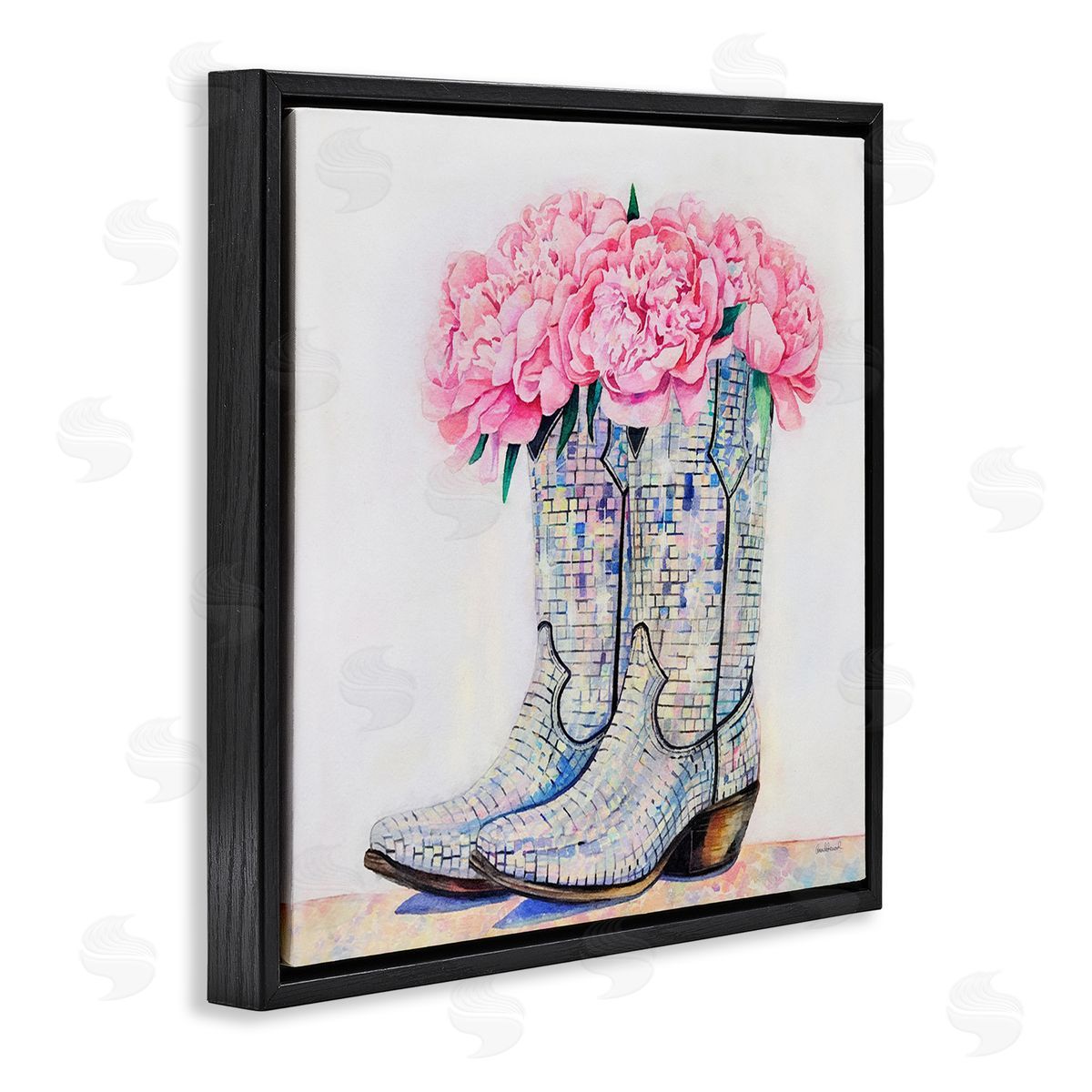 Floral Shimmering Cowgirl Boot Black Floating Frame Canvas Wall Art, Home Decor by Amanda Greenwood