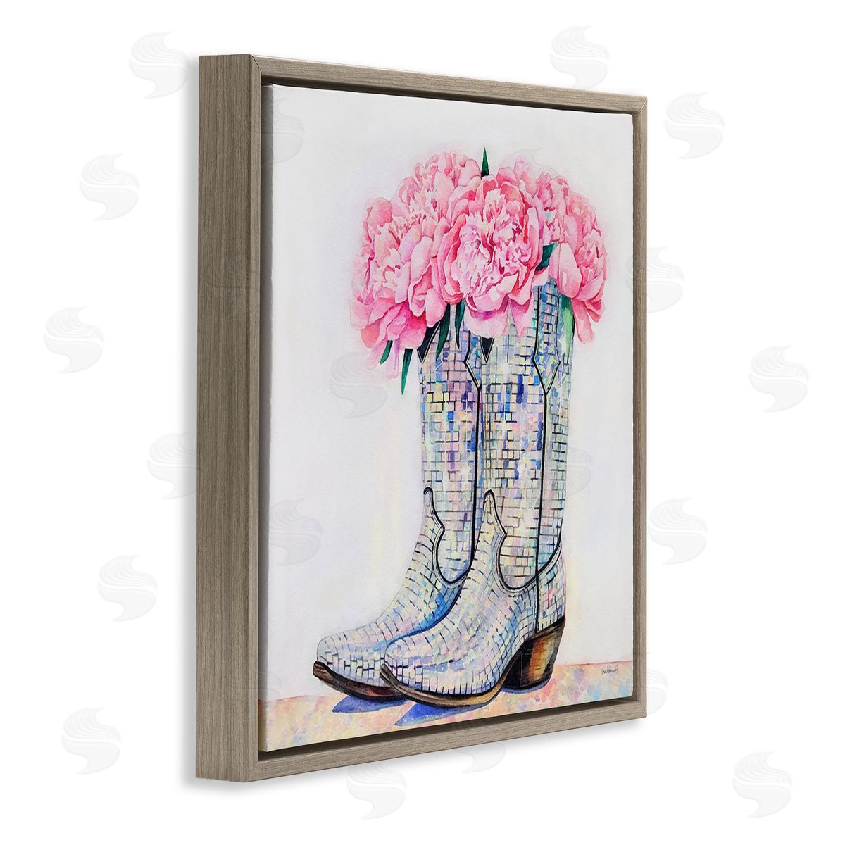 Floral Shimmering Cowgirl Boot Brown Floating Frame Canvas Wall Art, Home Decor by Amanda Greenwood