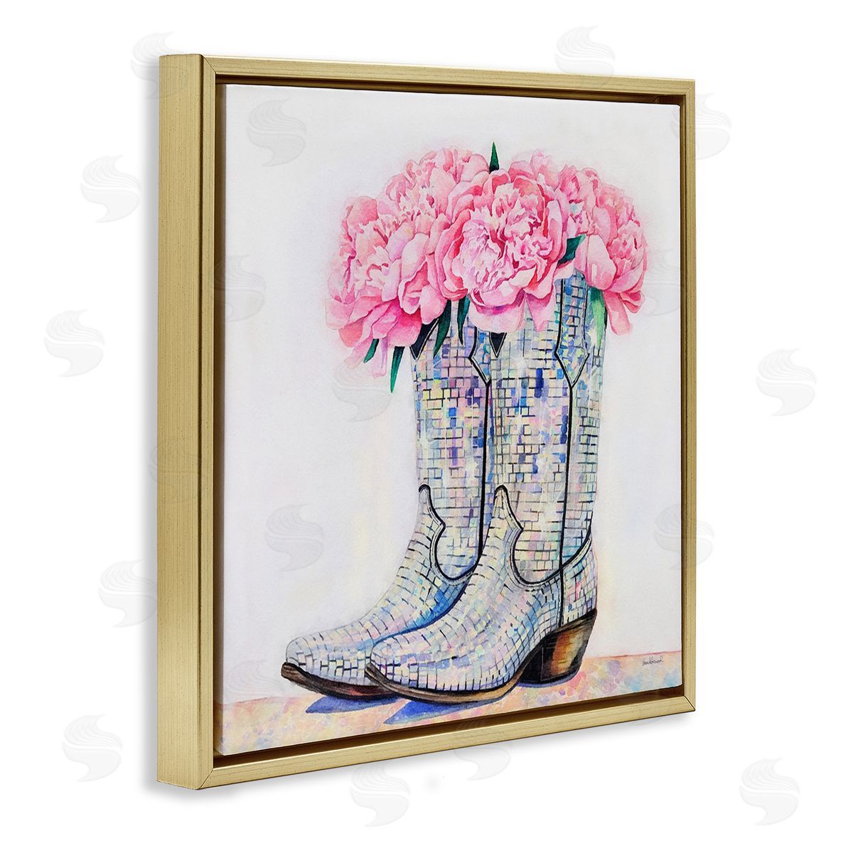 Floral Shimmering Cowgirl Boot Gold Floating Frame Canvas Wall Art, Home Decor by Amanda Greenwood