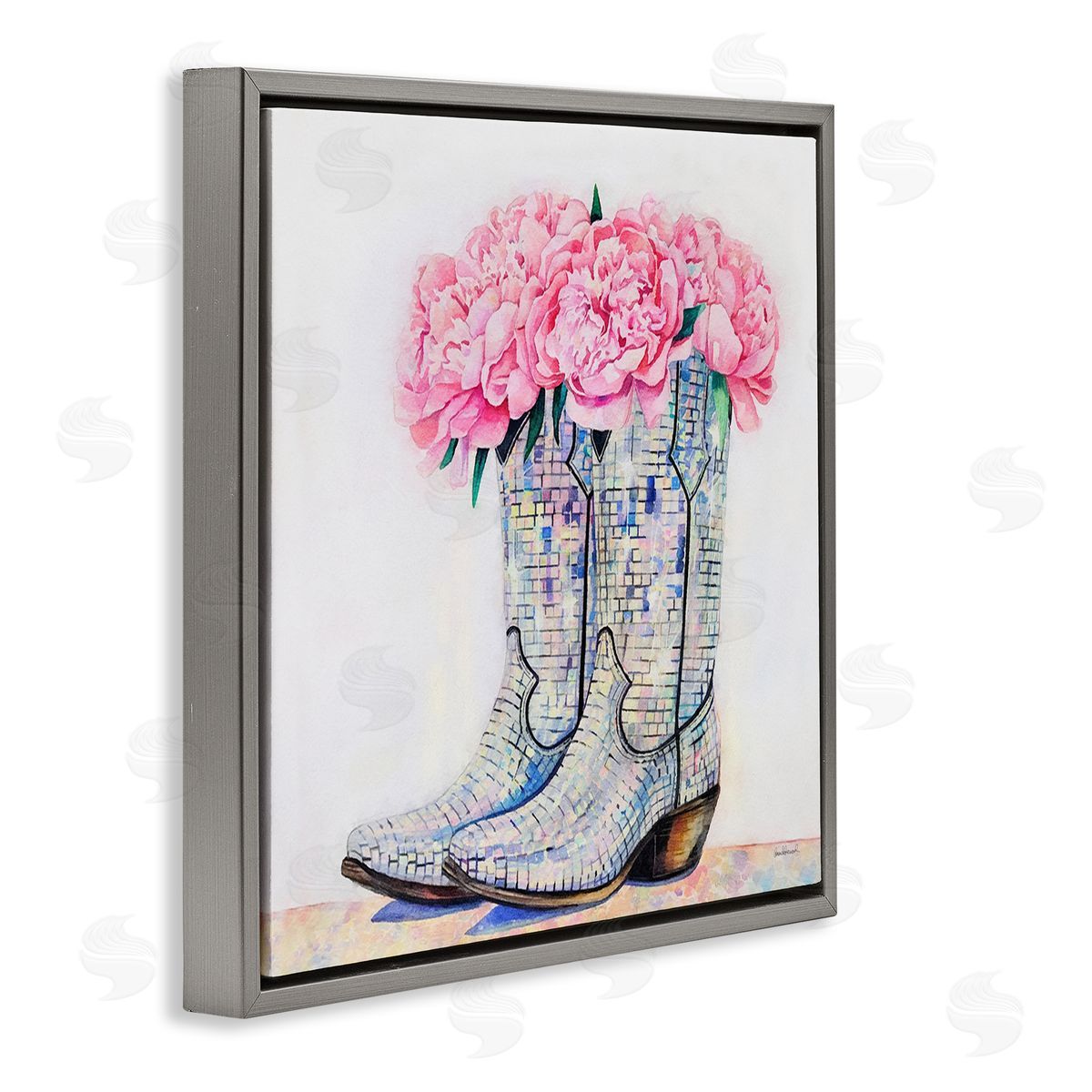 Floral Shimmering Cowgirl Boot Grey Floating Frame Canvas Wall Art, Home Decor by Amanda Greenwood