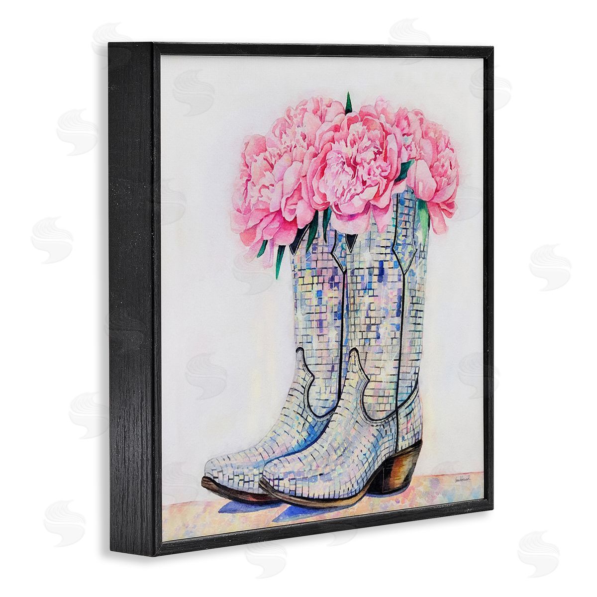 Floral Shimmering Cowgirl Boot Black Frame Print Wall Art, Home Decor by Amanda Greenwood